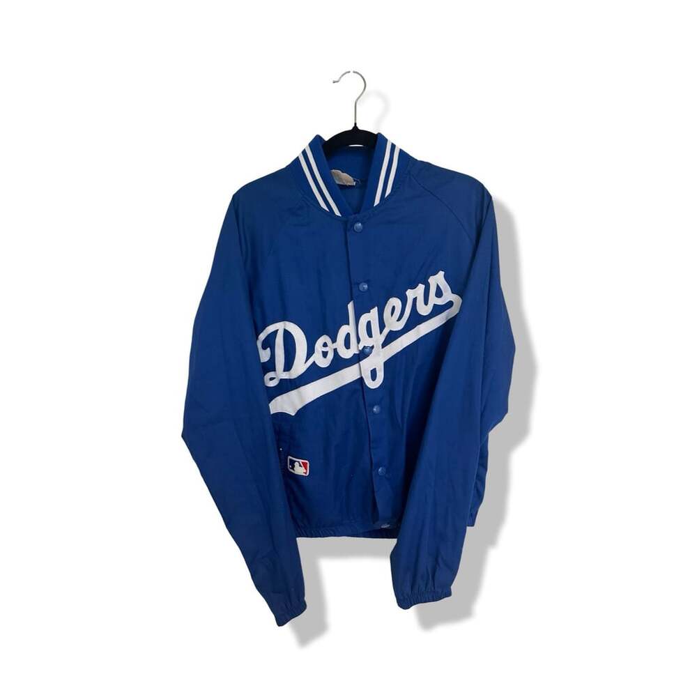 Vintage 90s Majestic LA Dodgers Dugout Jacket Made in USA Blue Nylon Snap Button
